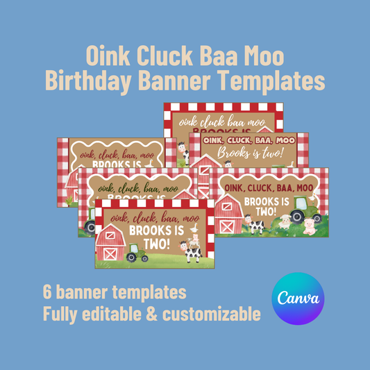 Oink Cluck Baa Moo Birthday Banner Templates (Red Gingham Farm)